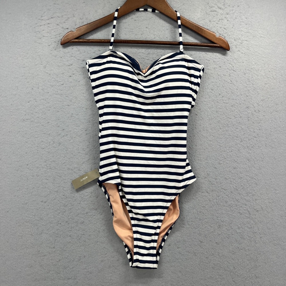 J Crew One Piece Swimsuit Womens 6 Navy White Striped Cutout Back Beach Resort